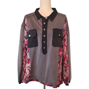 POL Mineral washed French Terry & Gauze Gray and Red Patchwork Sweatshirt Large